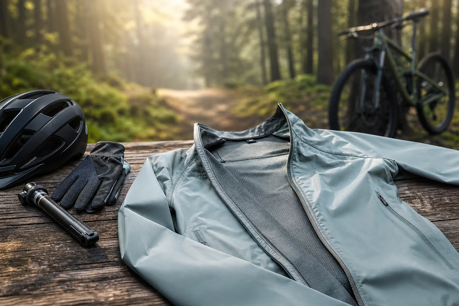 Veste VTT XC coupe-vent avec casque gants et mini-pompe avant une sortie