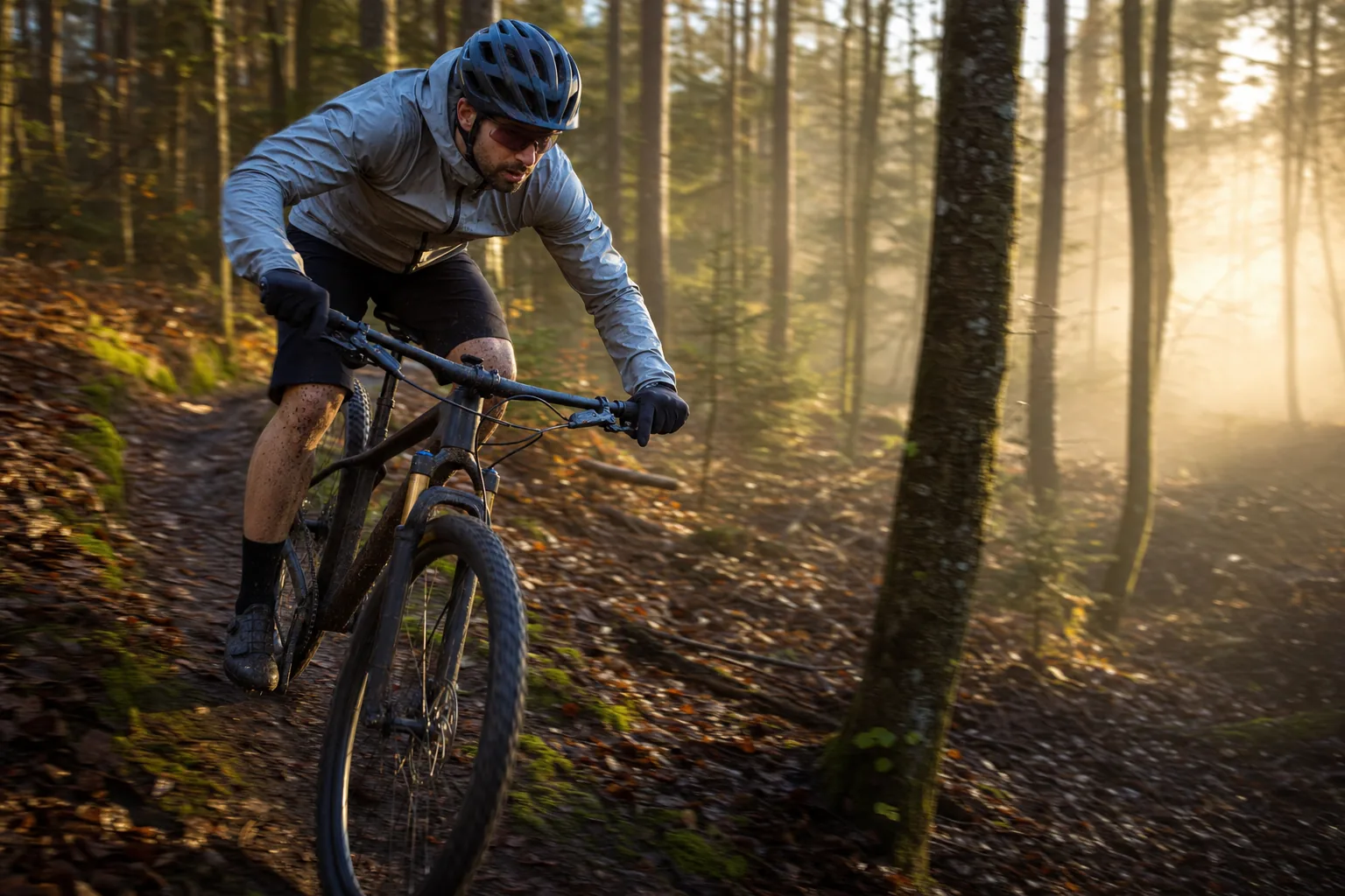 Pilote en veste VTT XC légère sur un single humide de cross-country
