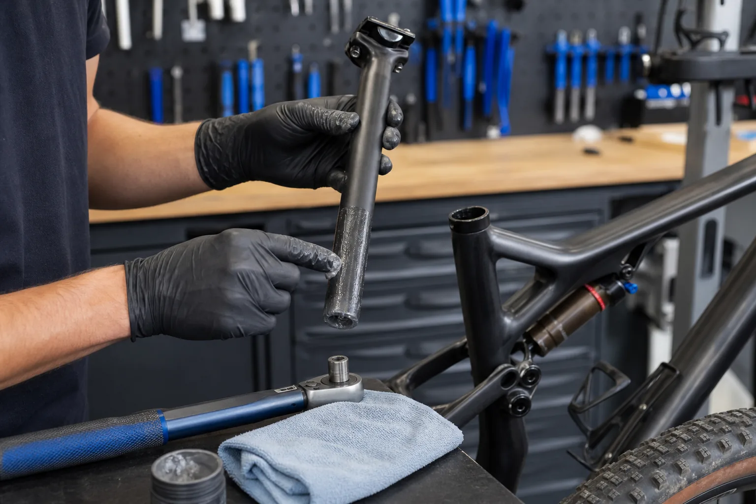 Application fine de pâte carbone sur une tige de selle de VTT XC