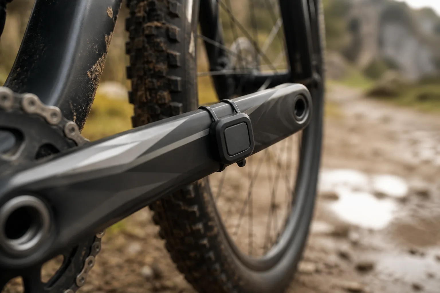 Capteur de cadence installé sur la manivelle d’un VTT XC