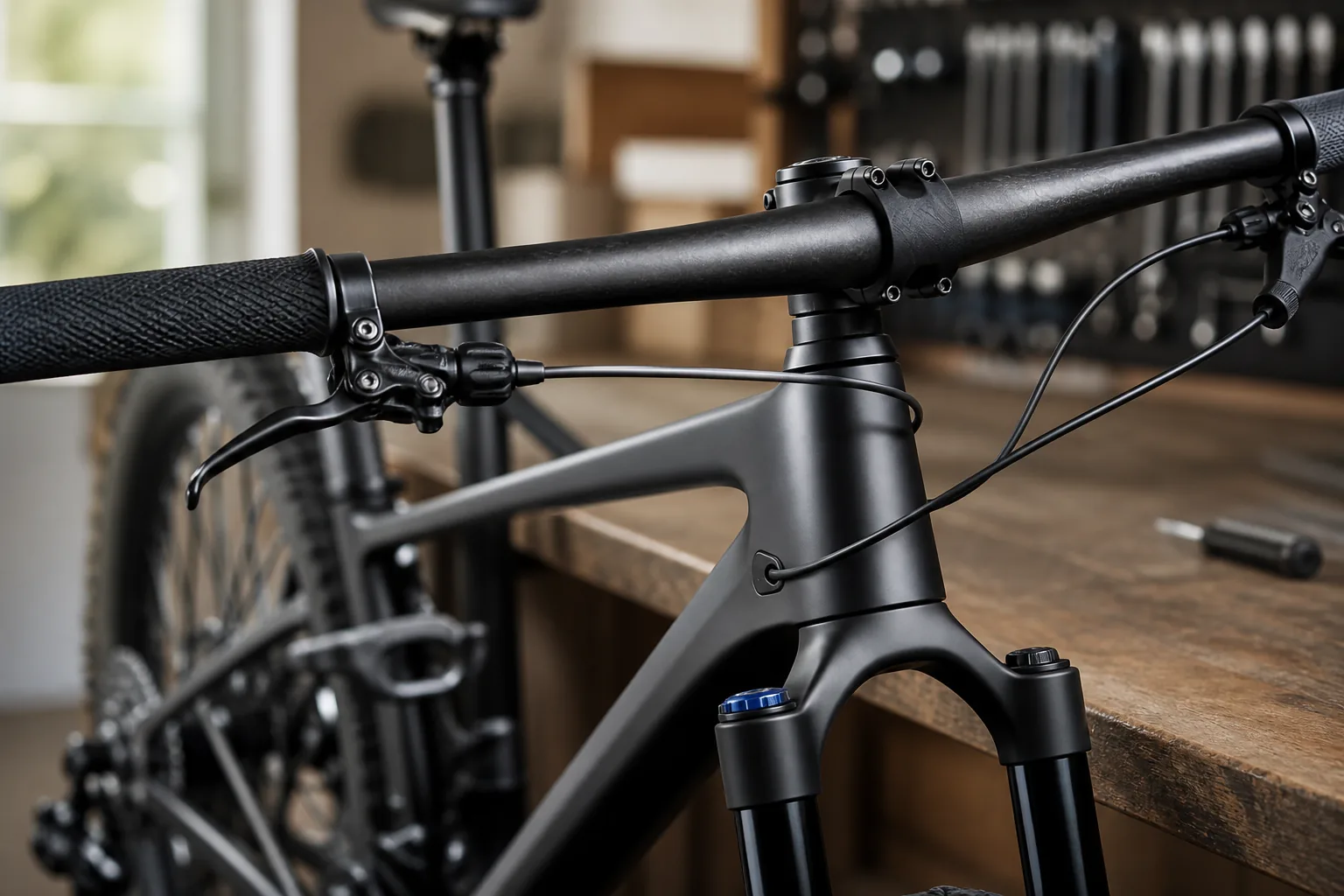 Câble de dérailleur neuf sur un VTT XC en atelier