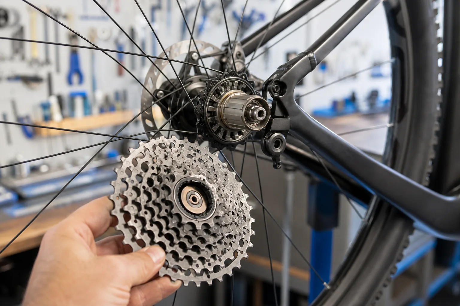 Corps de roue libre de VTT XC avec cliquets visibles sur une roue arrière