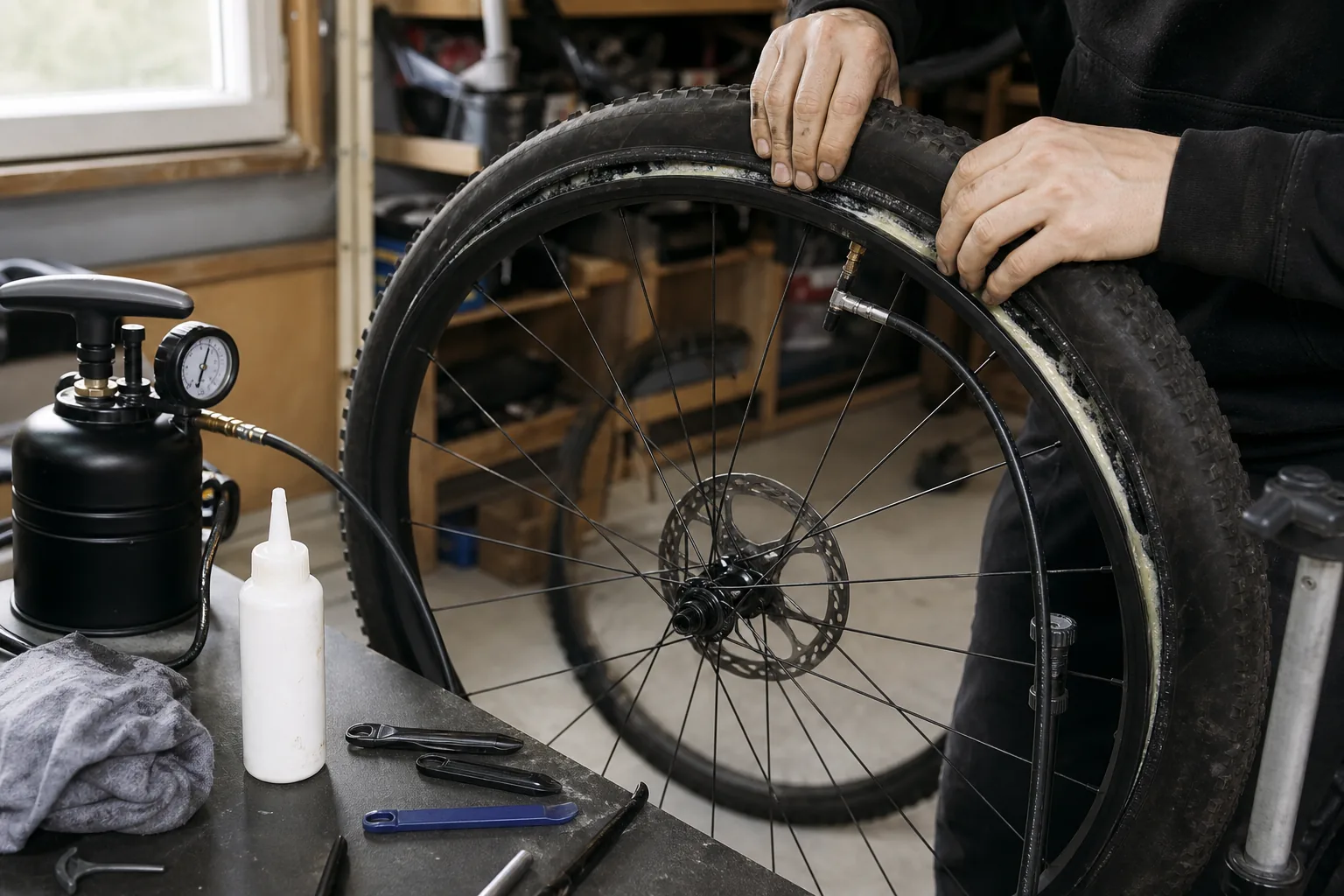 Roue de VTT XC tubeless raccordée à un compresseur en atelier