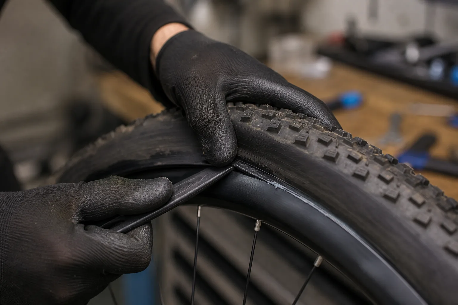 Démonte-pneu utilisé pour décoller un pneu tubeless de VTT