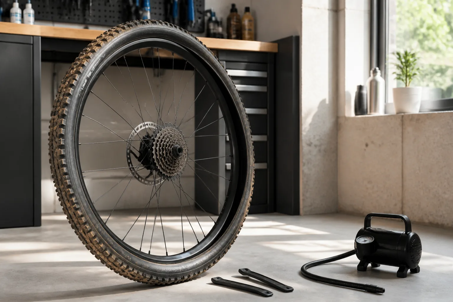 Roue de VTT XC avec un pneu tubeless partiellement démonté