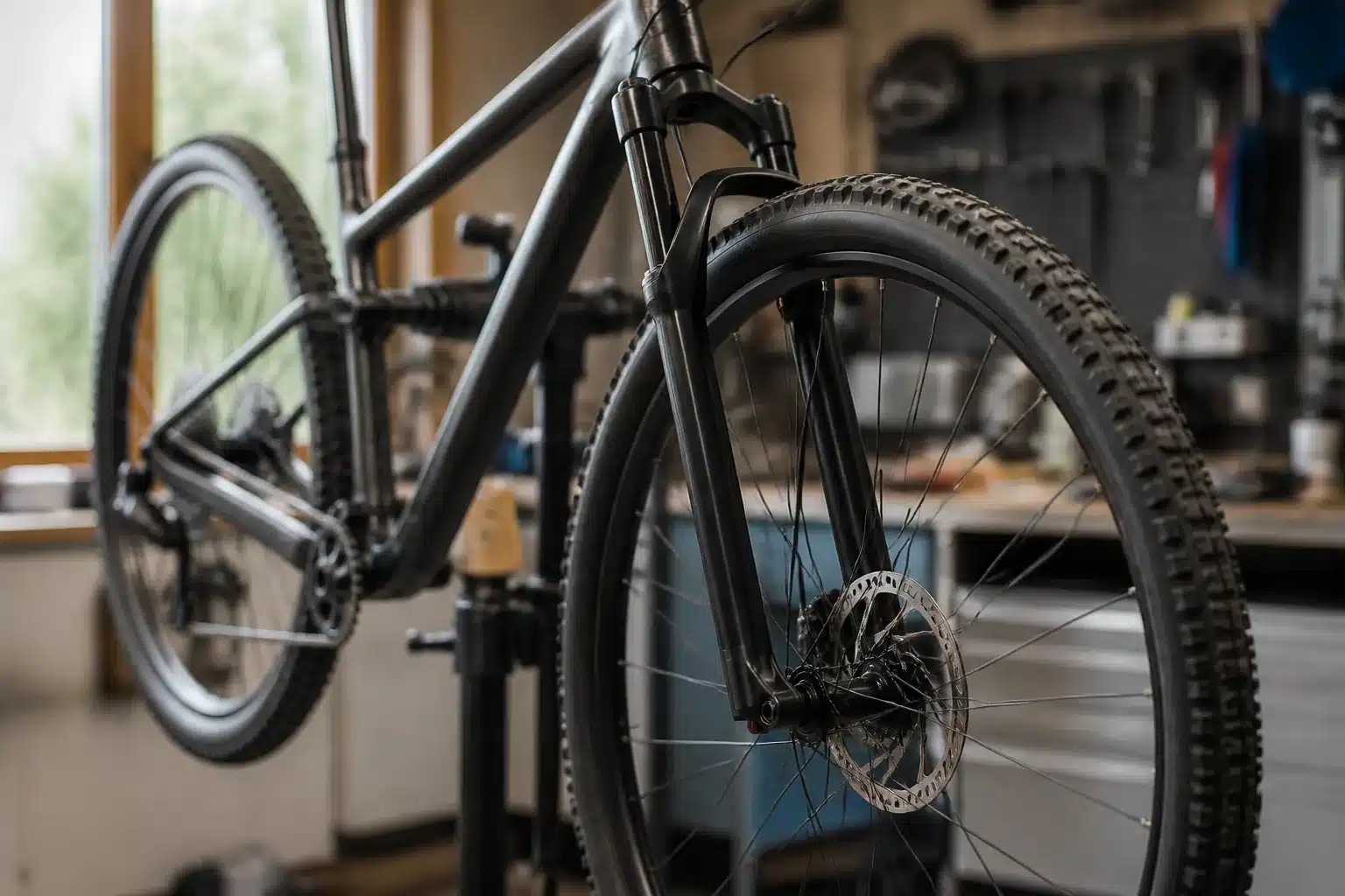 Frein à disque d'un VTT XC sur pied d'atelier