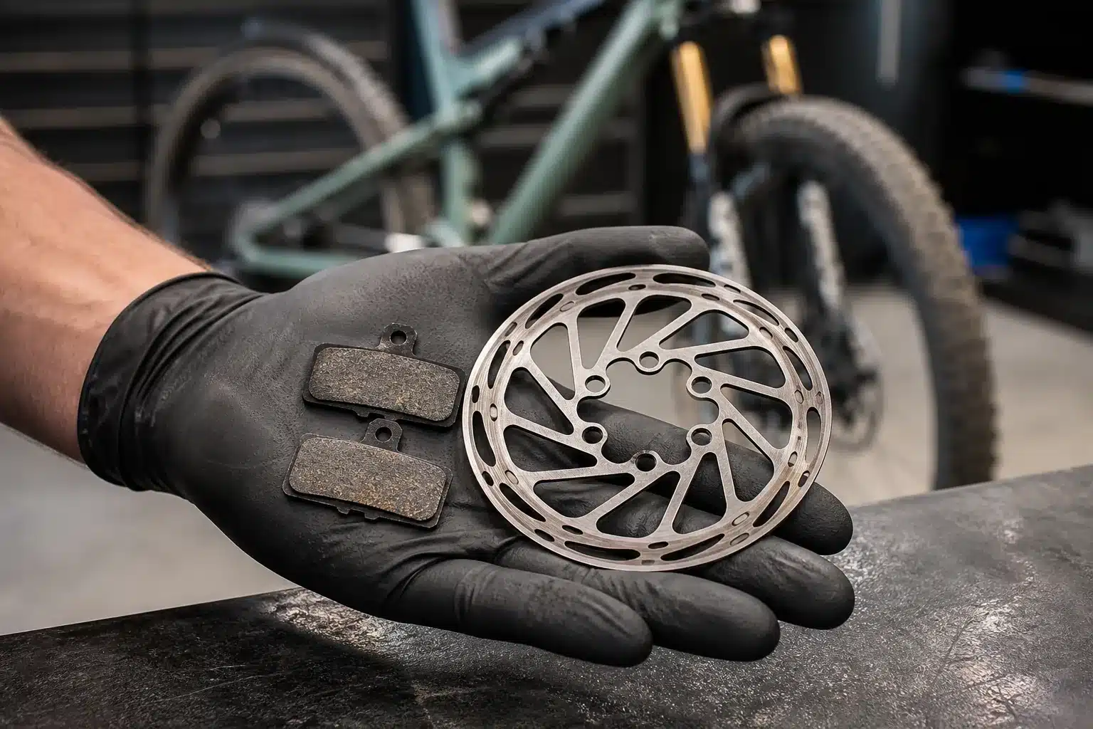 Contrôle de plaquettes et disque de frein VTT XC sur établi