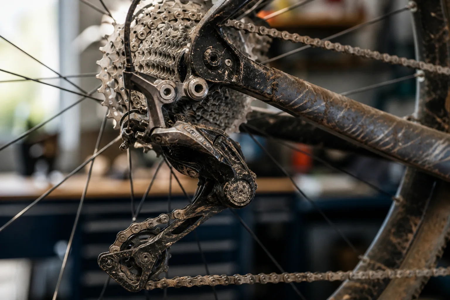 Galet de dérailleur arrière sur un VTT XC 12 vitesses
