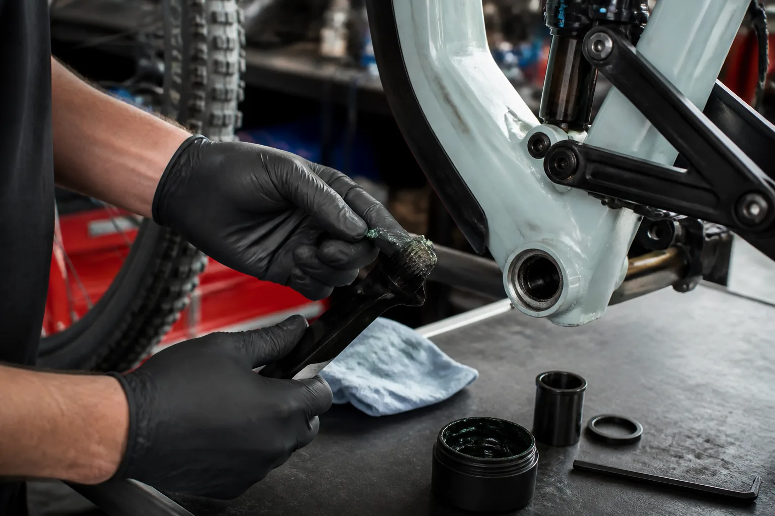 Application d’une fine couche de graisse sur un axe de pédalier de VTT XC