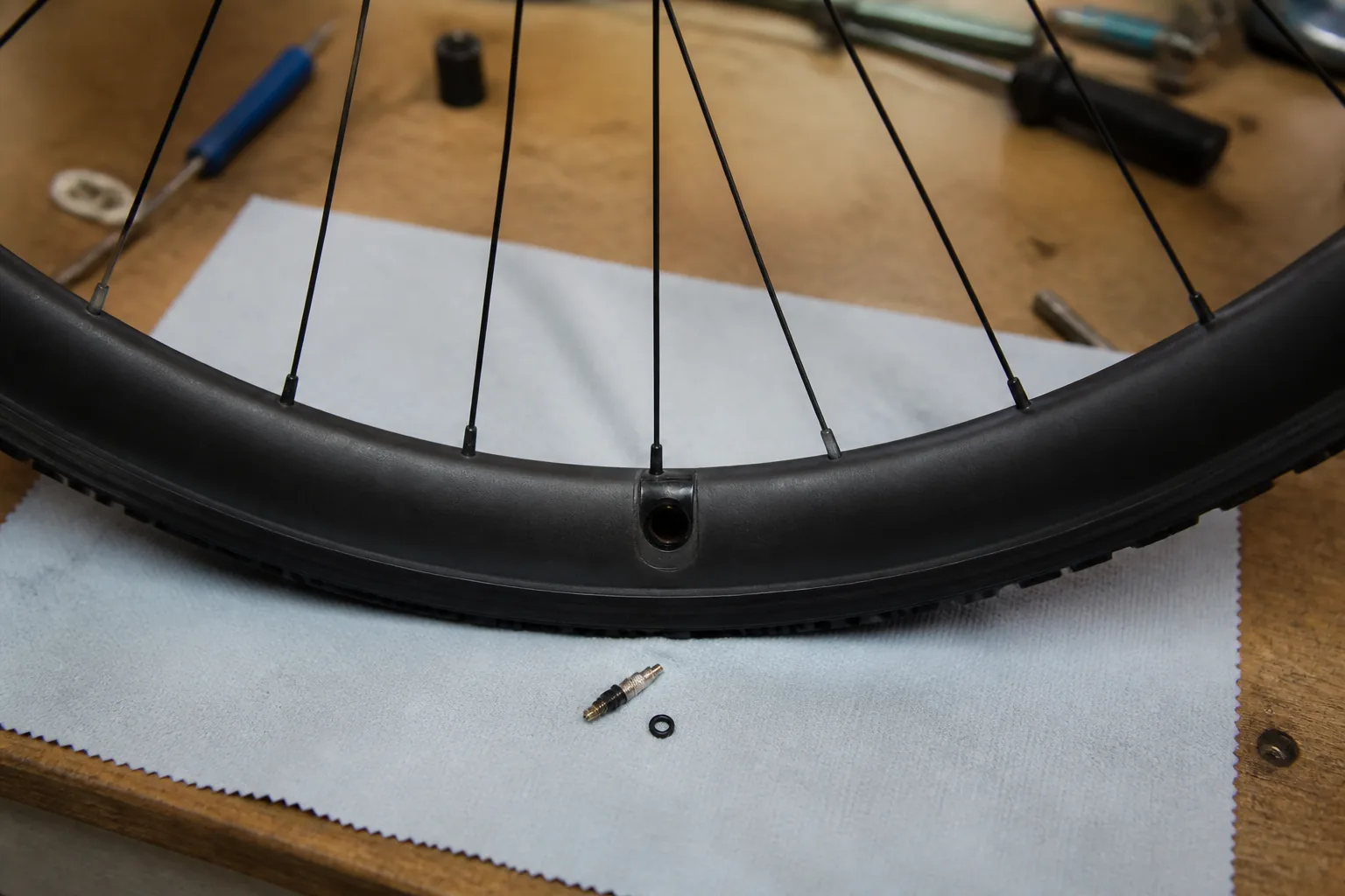 Valve tubeless démontée avec obus et joint torique sur un établi vélo