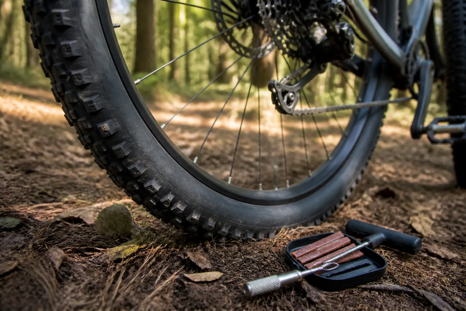 Kit de mèches tubeless posé près d’une roue de VTT XC