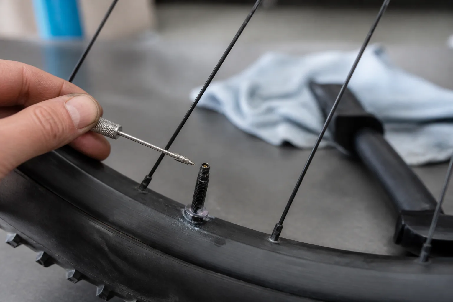 Obus de valve tubeless retiré sur une roue de VTT XC