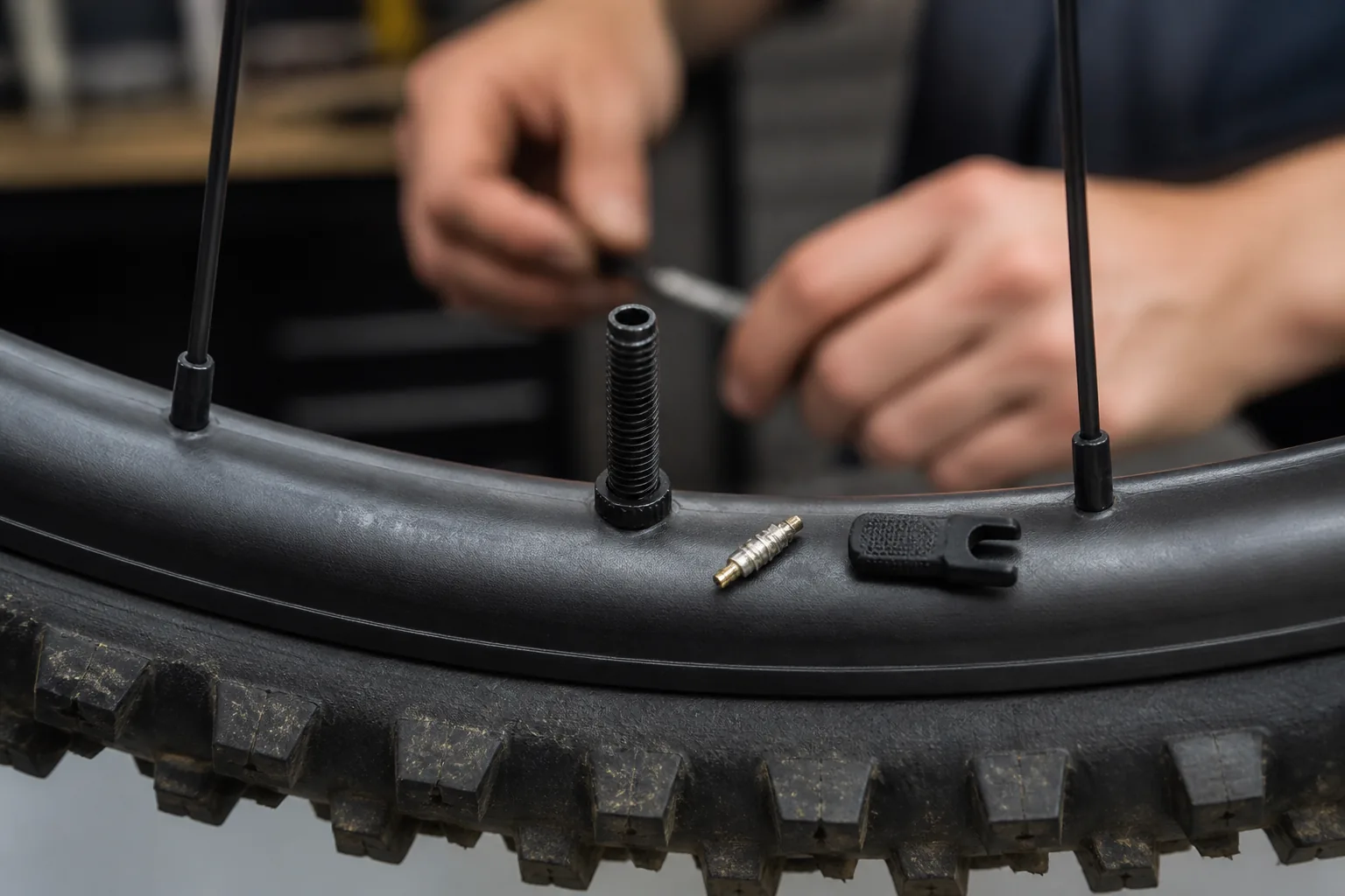 Valve tubeless Presta avec obus retiré sur une roue de VTT XC