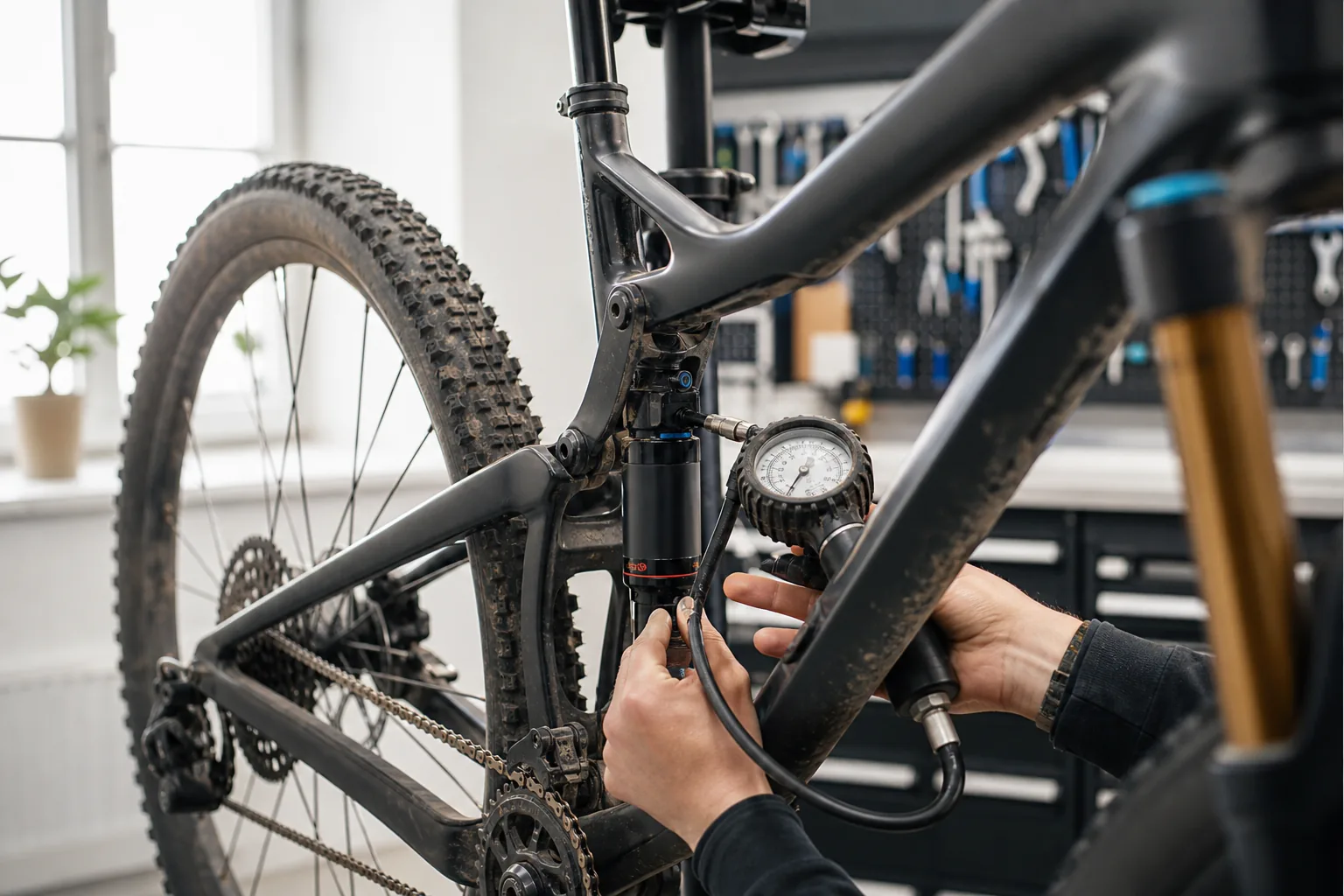 Pompe haute pression branchée sur un amortisseur de VTT XC
