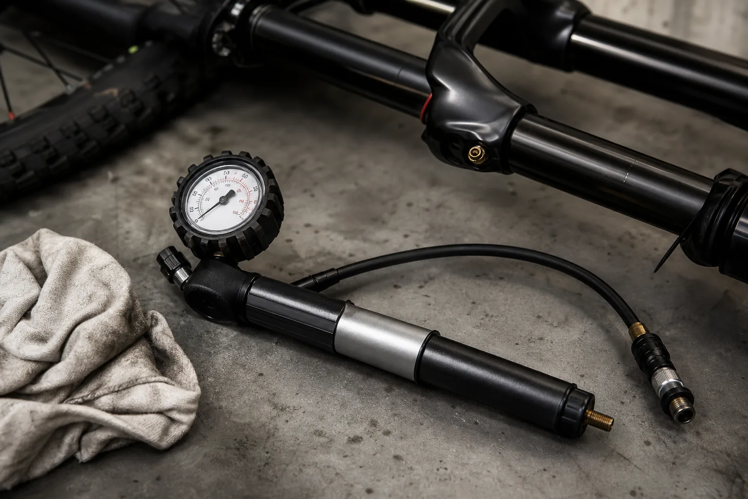 Pompe haute pression et manomètre pour régler une suspension de VTT XC
