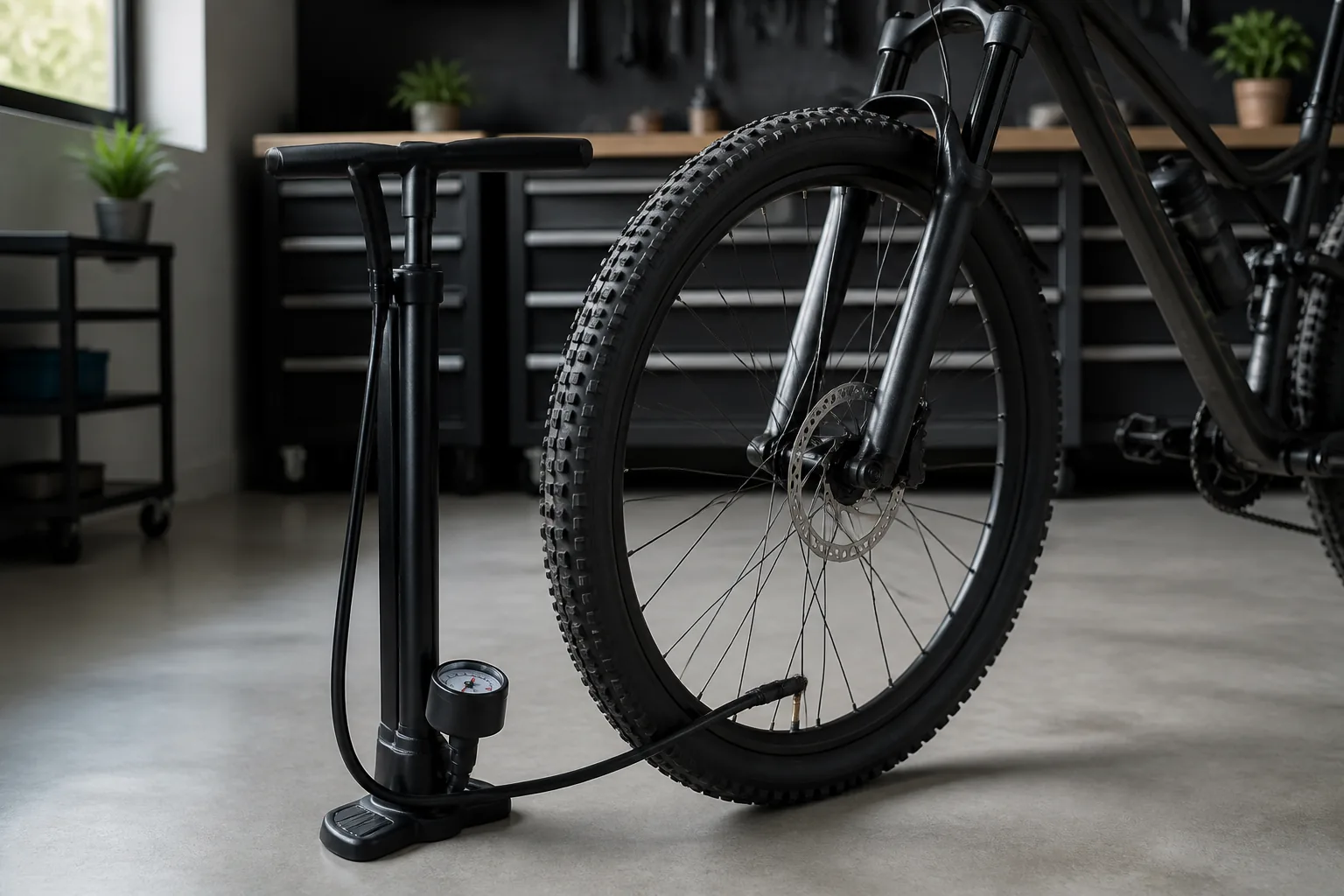 Pompe à pied avec manomètre près d’un VTT XC en atelier