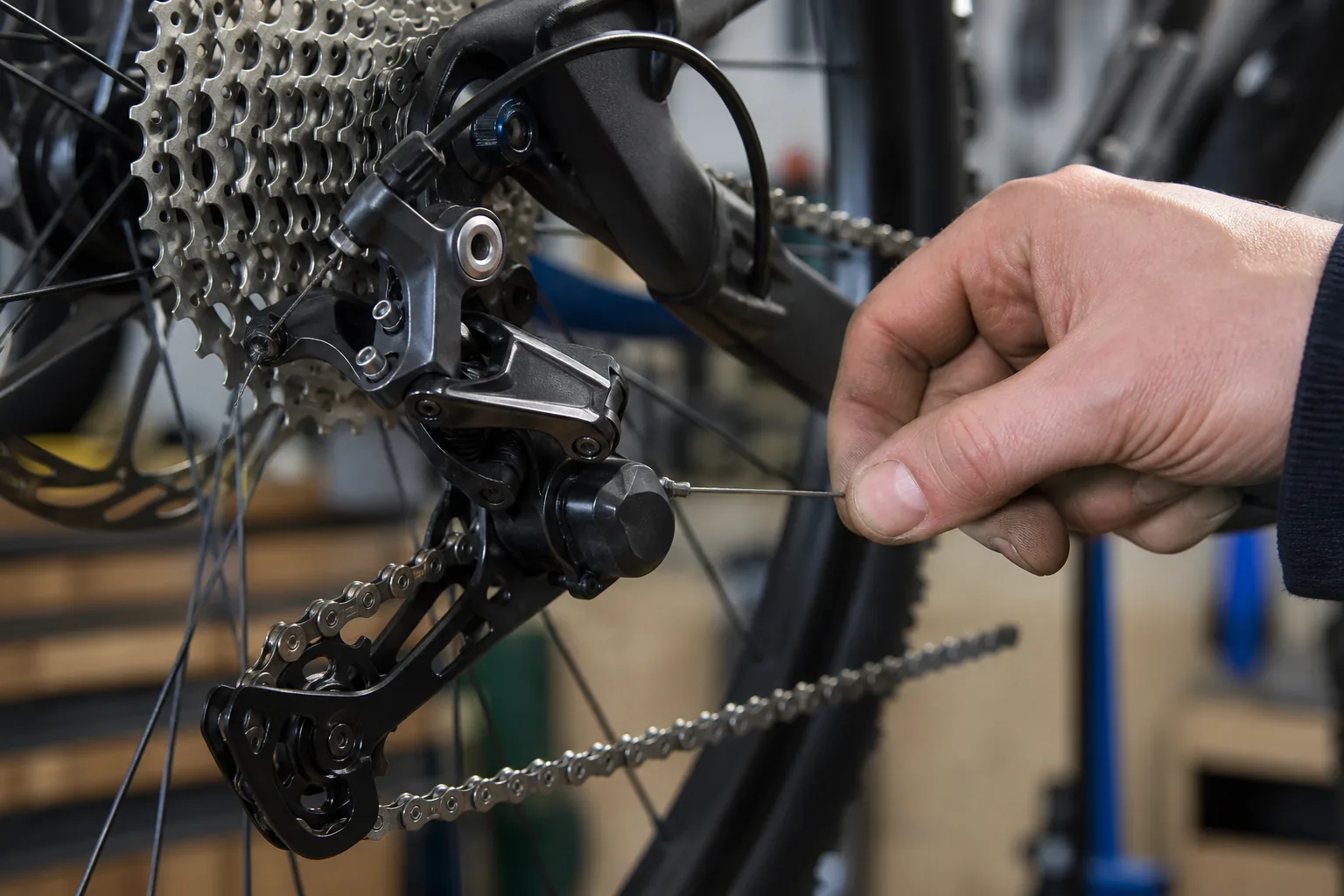 Mécanicien qui règle la tension d'un câble de dérailleur arrière sur un VTT XC