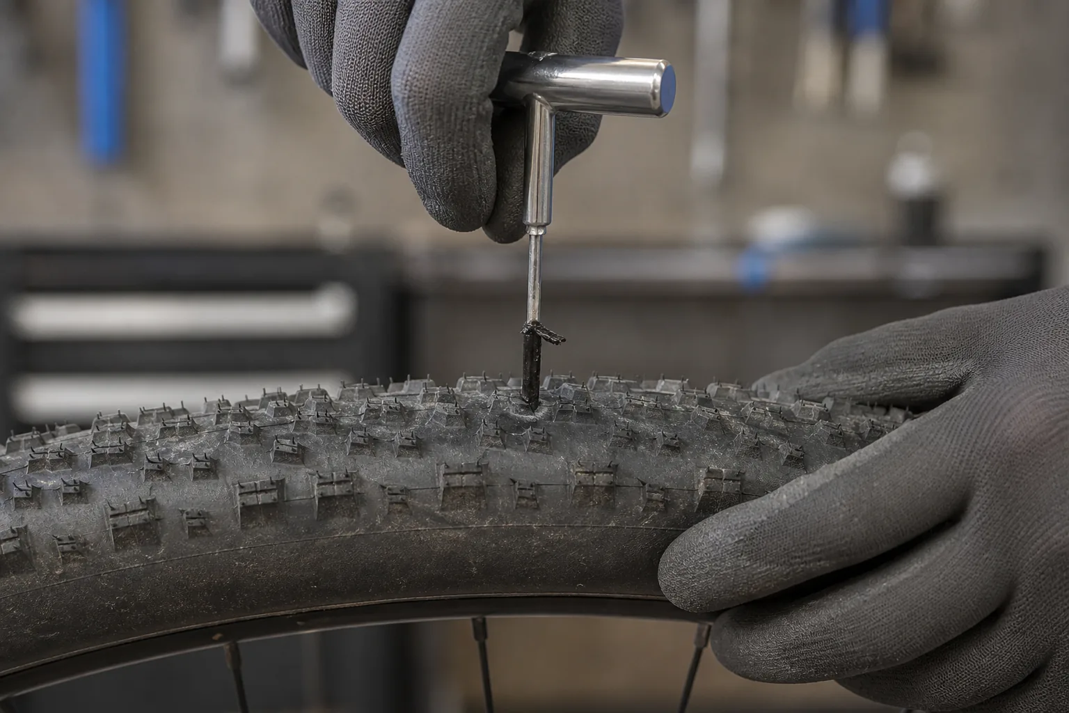 Insertion d’une mèche tubeless dans un pneu de VTT