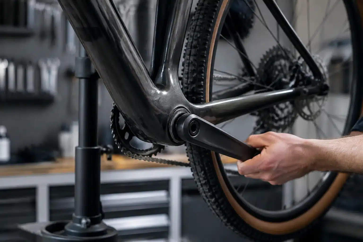 Contrôle de la rotation d'un pédalier de VTT XC sur pied d'atelier