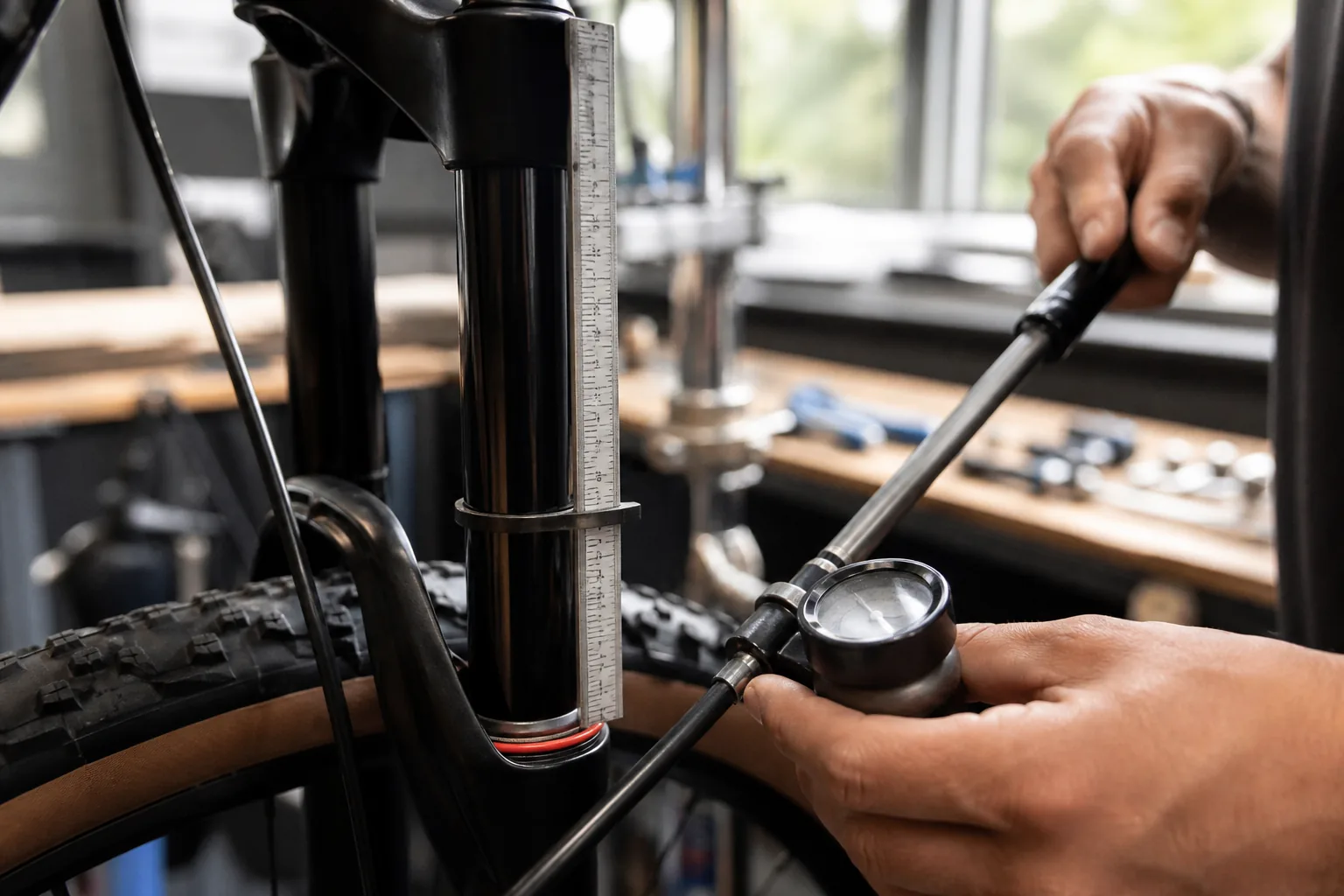 Mesure du sag sur une fourche de VTT XC avec une pompe haute pression