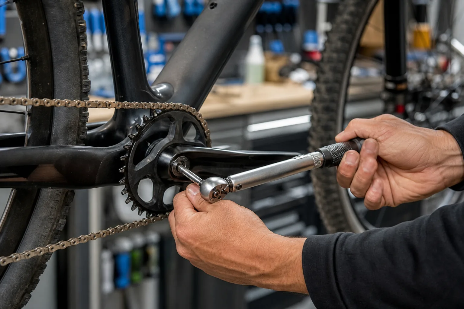 Serrage d’une vis de manivelle VTT avec une clé dynamométrique