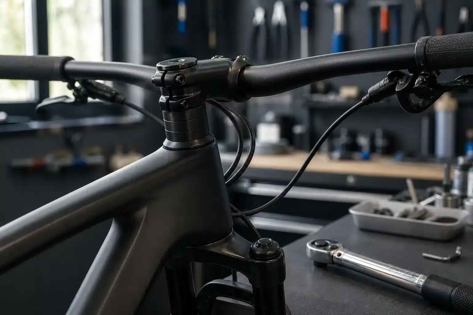 Capot de jeu de direction et potence sur un VTT XC