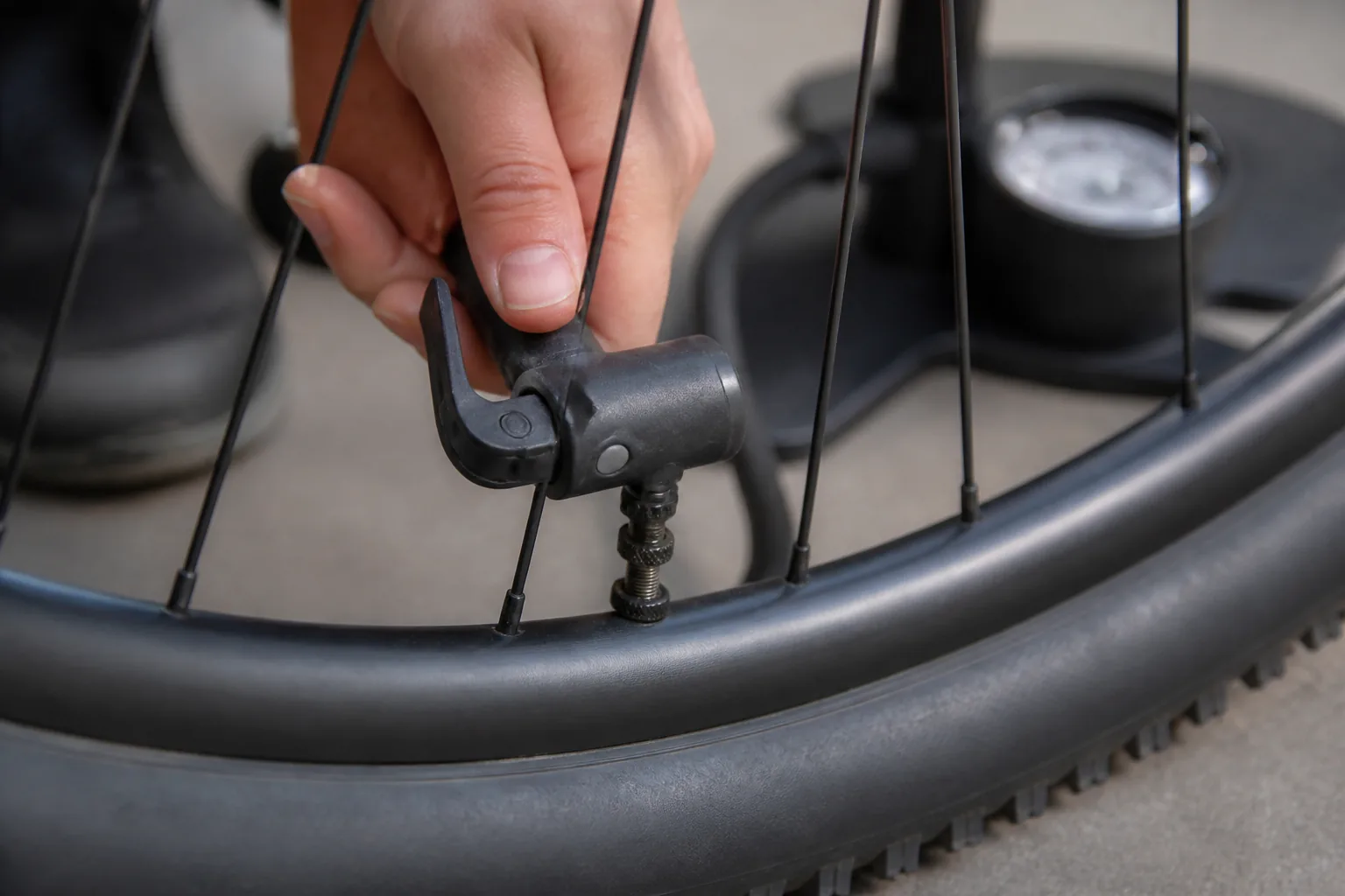 Valve Presta de VTT XC tubeless gonflée avec une pompe à pied