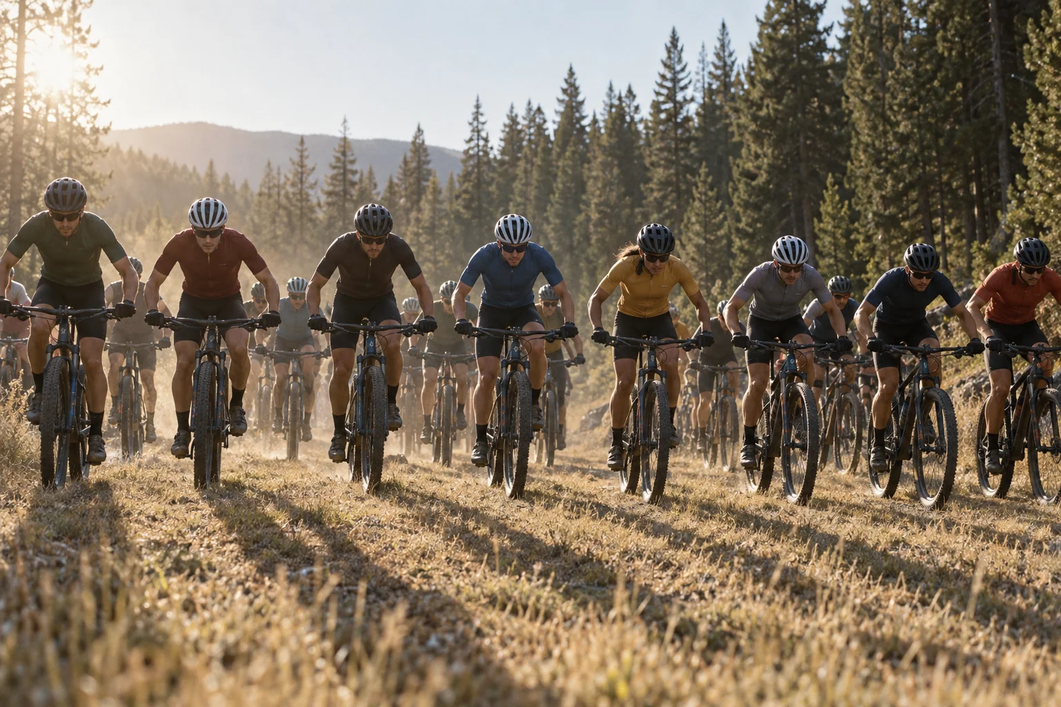 Ligne de départ d'une course de VTT cross-country le matin, pilotes casqués et concentrés dans la lumière rase