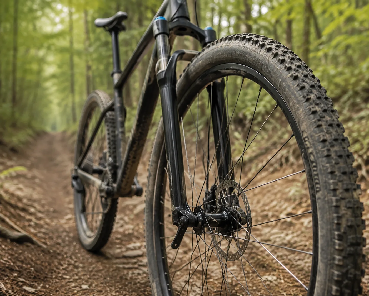 Attache rapide de roue VTT XC sur un chemin forestier