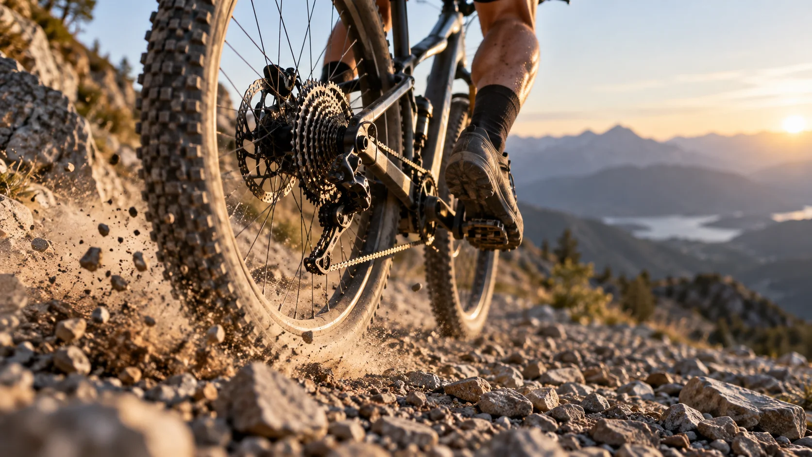 Relance en danseuse dans une montée de graviers pendant une course de VTT cross-country