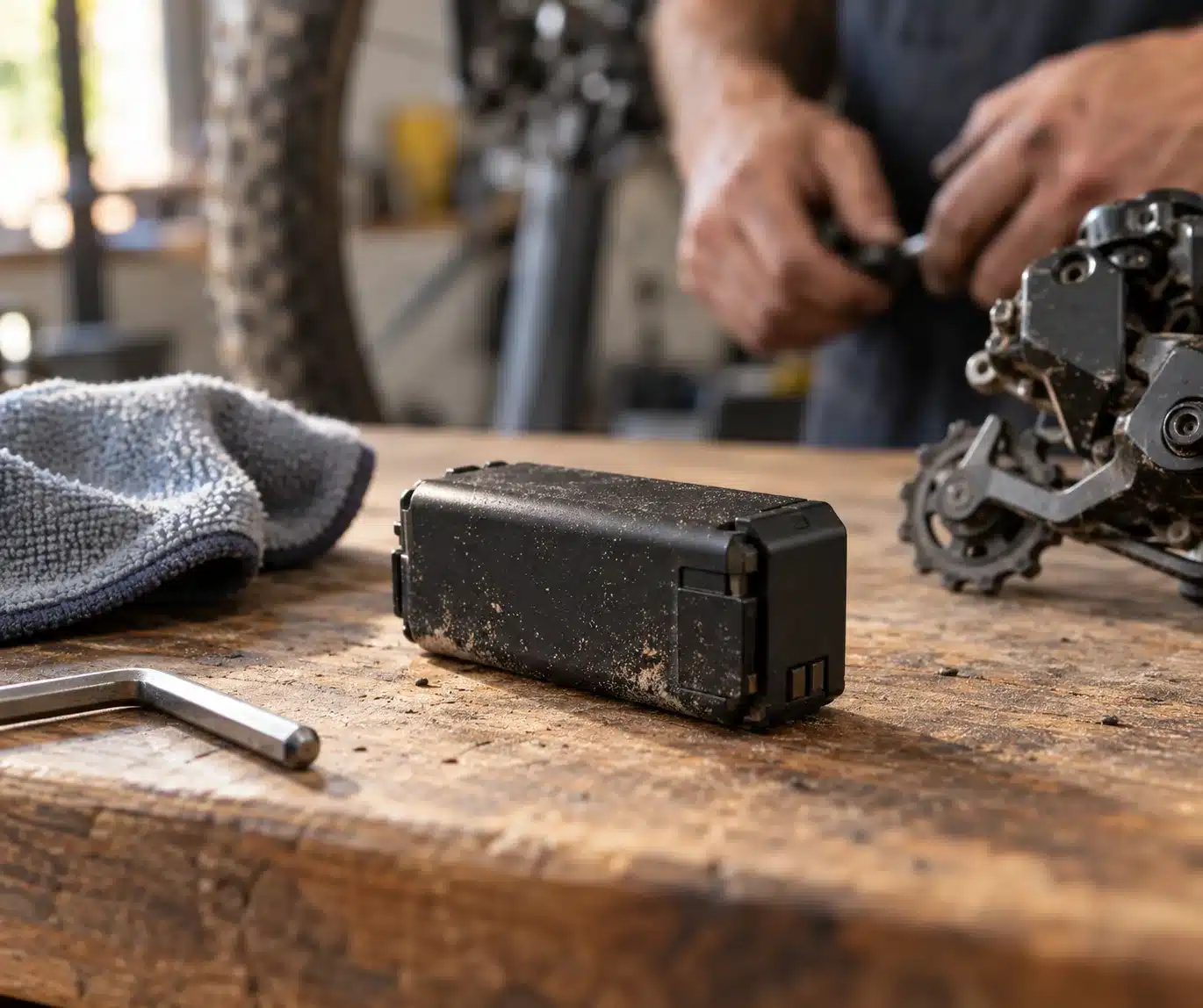 Petite batterie noire d'un dérailleur arrière électrique de VTT posée sur un établi, chiffon et clé hexagonale à côté