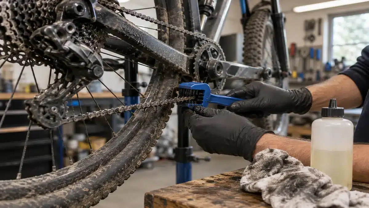 Brosse à chaîne en plastique utilisée pour nettoyer la chaîne d'un VTT cross-country sur un pied d'atelier