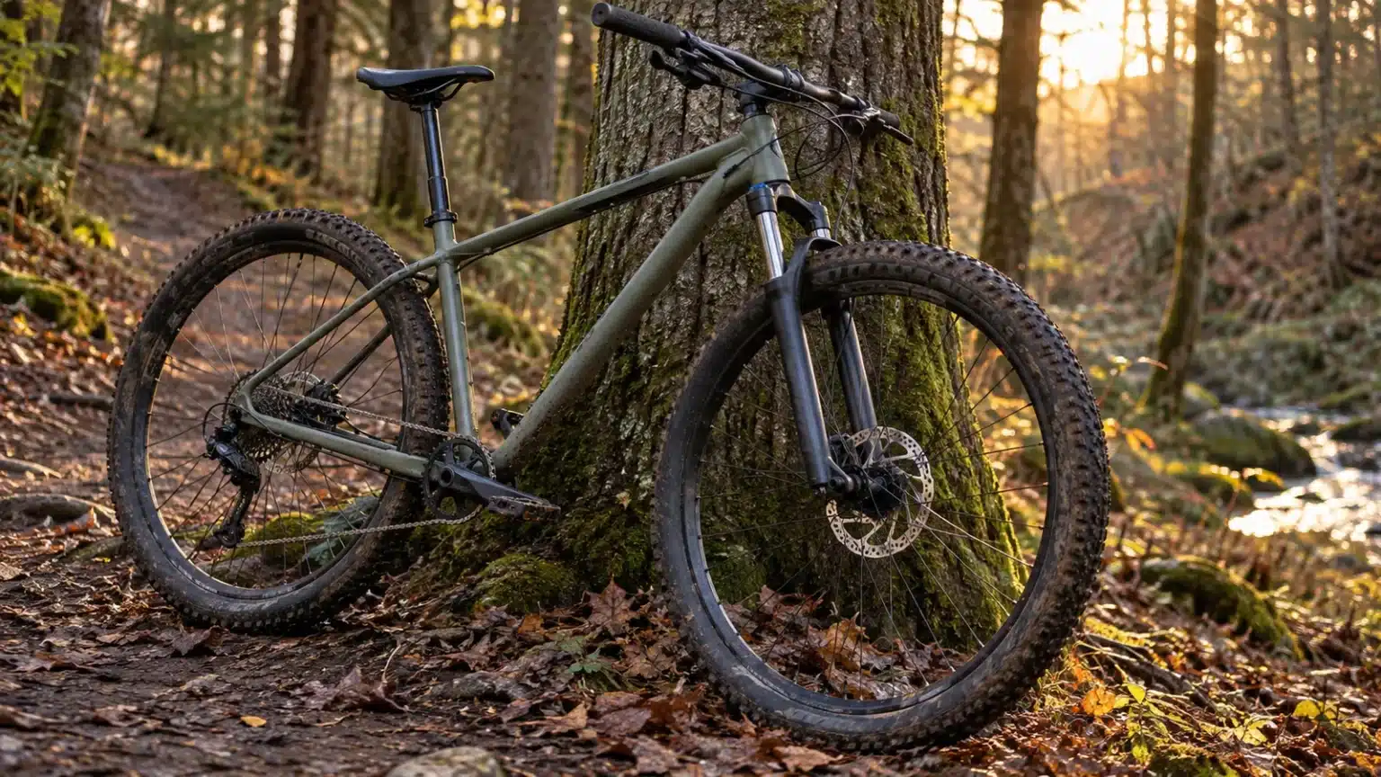 VTT cross-country appuyé contre un arbre, étrier de frein à disque mécanique et câble gainé le long de la fourche
