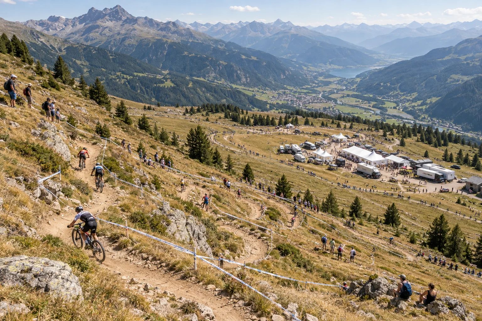 Vue aérienne d'un circuit de VTT cross-country dans les Alpes avec le village de course et le public le long du balisage