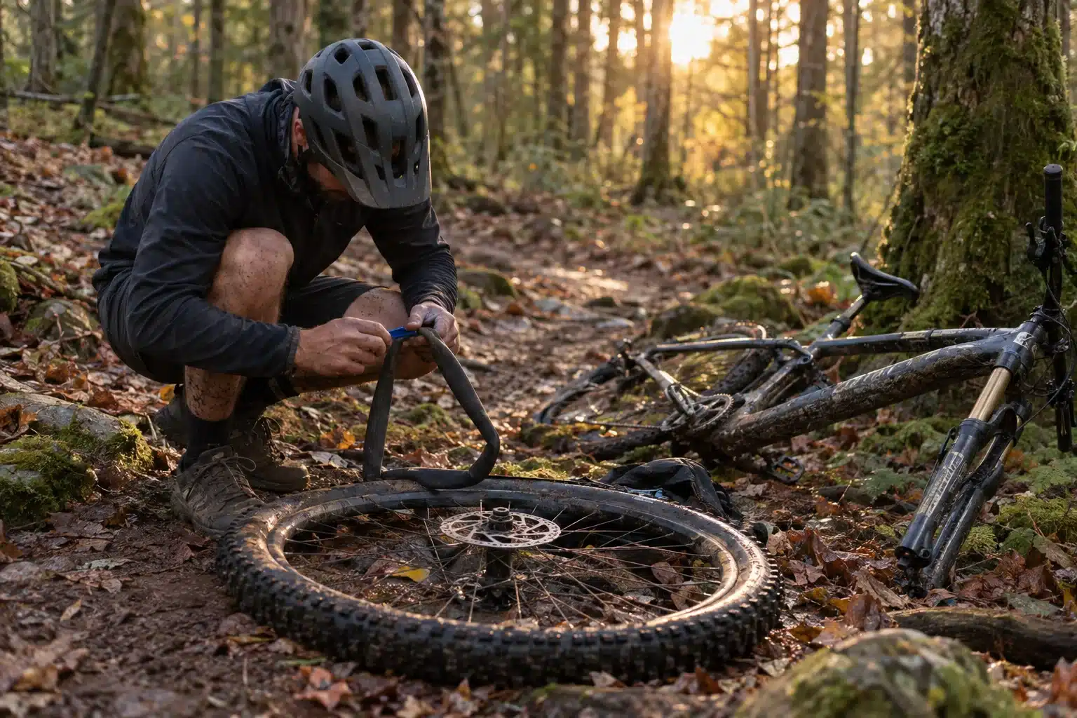 Pilote de VTT cross-country accroupi sur un sentier forestier en train de remonter une roue après une crevaison