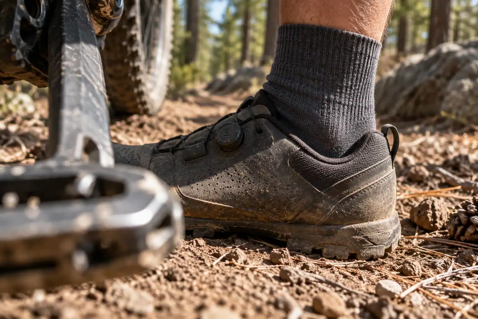 Gros plan sur le haut d'une chaussette de VTT qui dépasse du bord de la chaussure, poussière de sentier sur la chaussure et sur le sol
