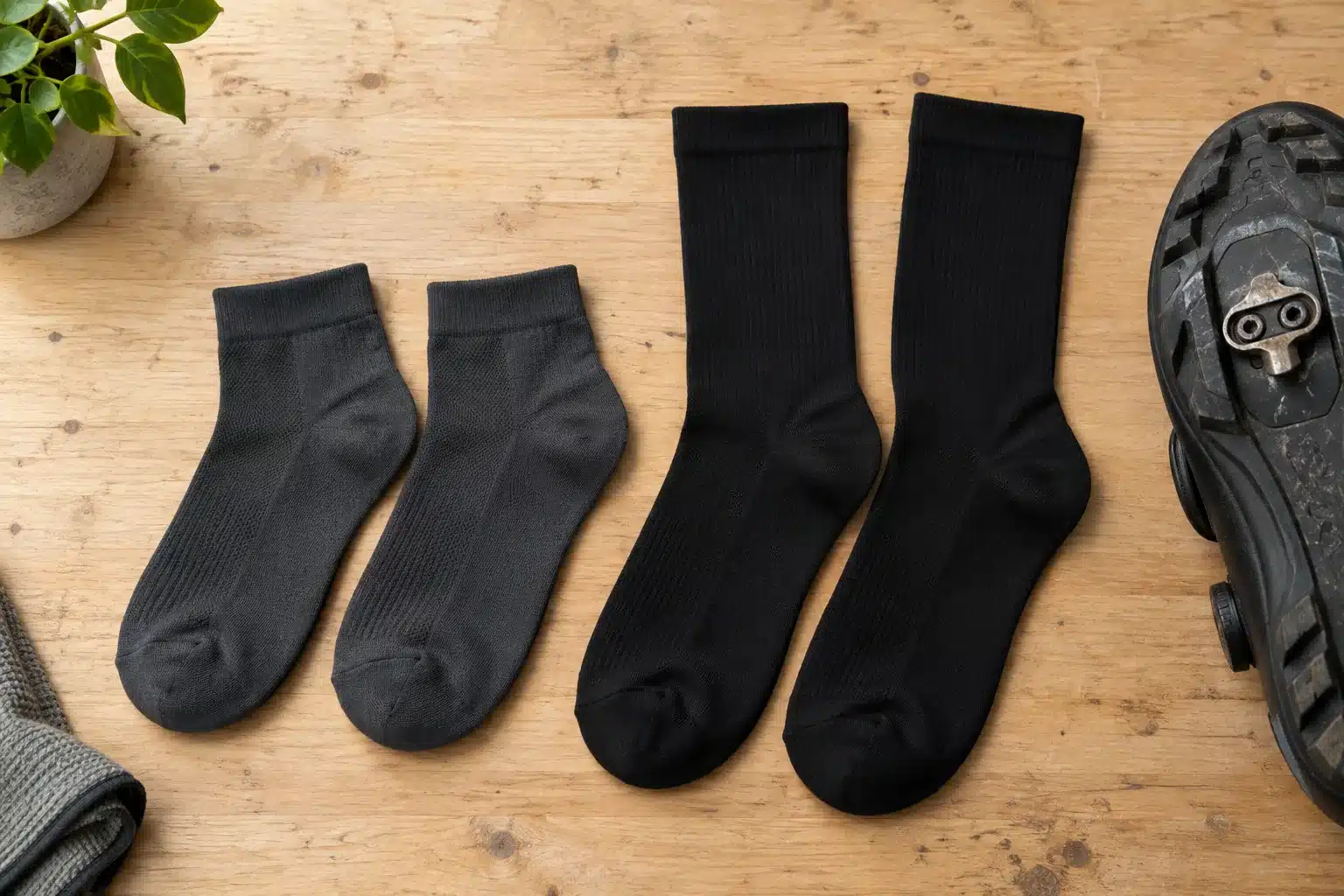 Deux paires de chaussettes de vélo posées à plat sur un établi en bois, une paire courte et une paire montante, à côté d'une chaussure de VTT