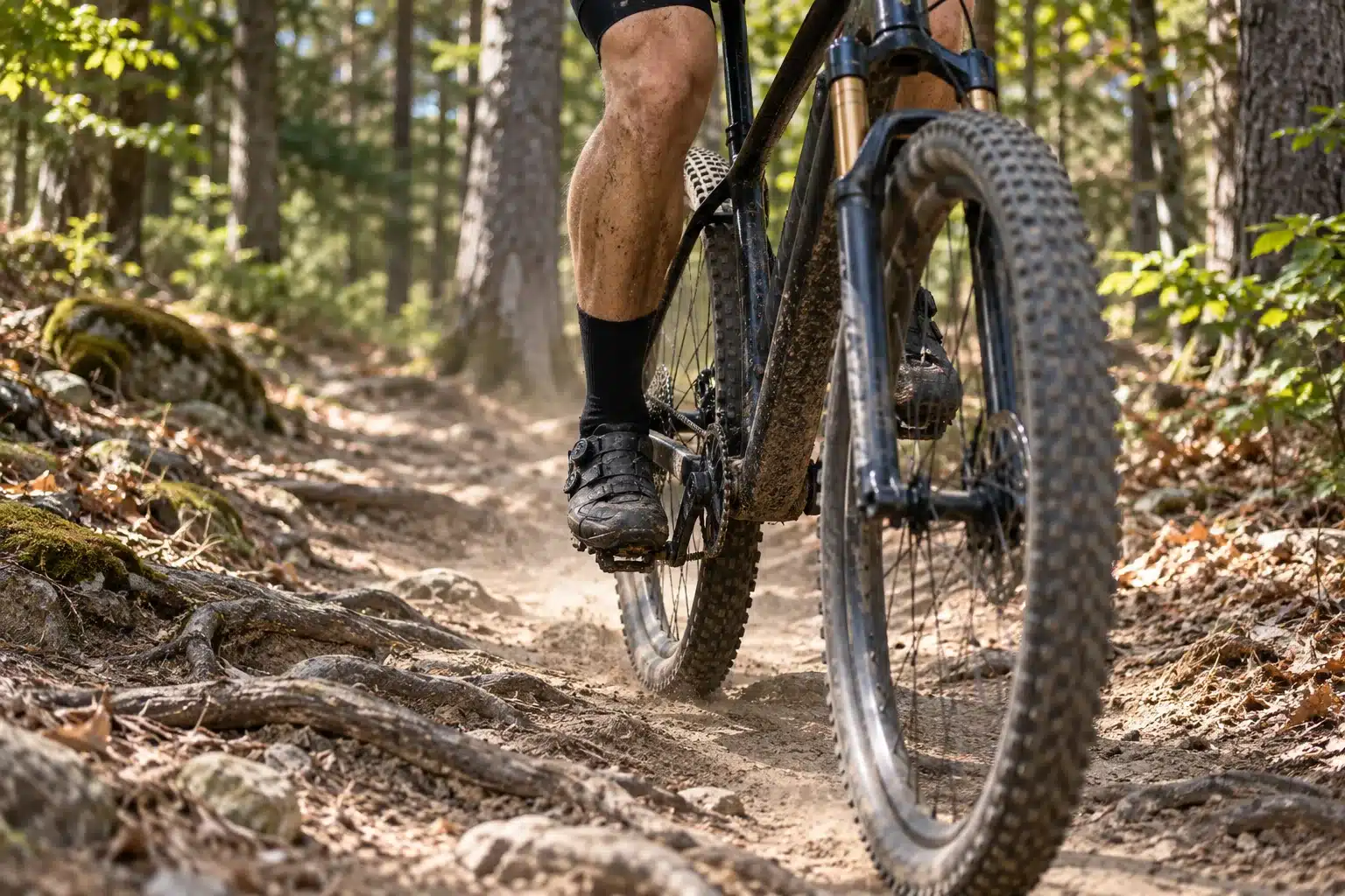 VTT cross-country sur un sentier forestier sec, cadré sur les jambes du pilote et sur ses chaussettes remontées au-dessus de la chaussure