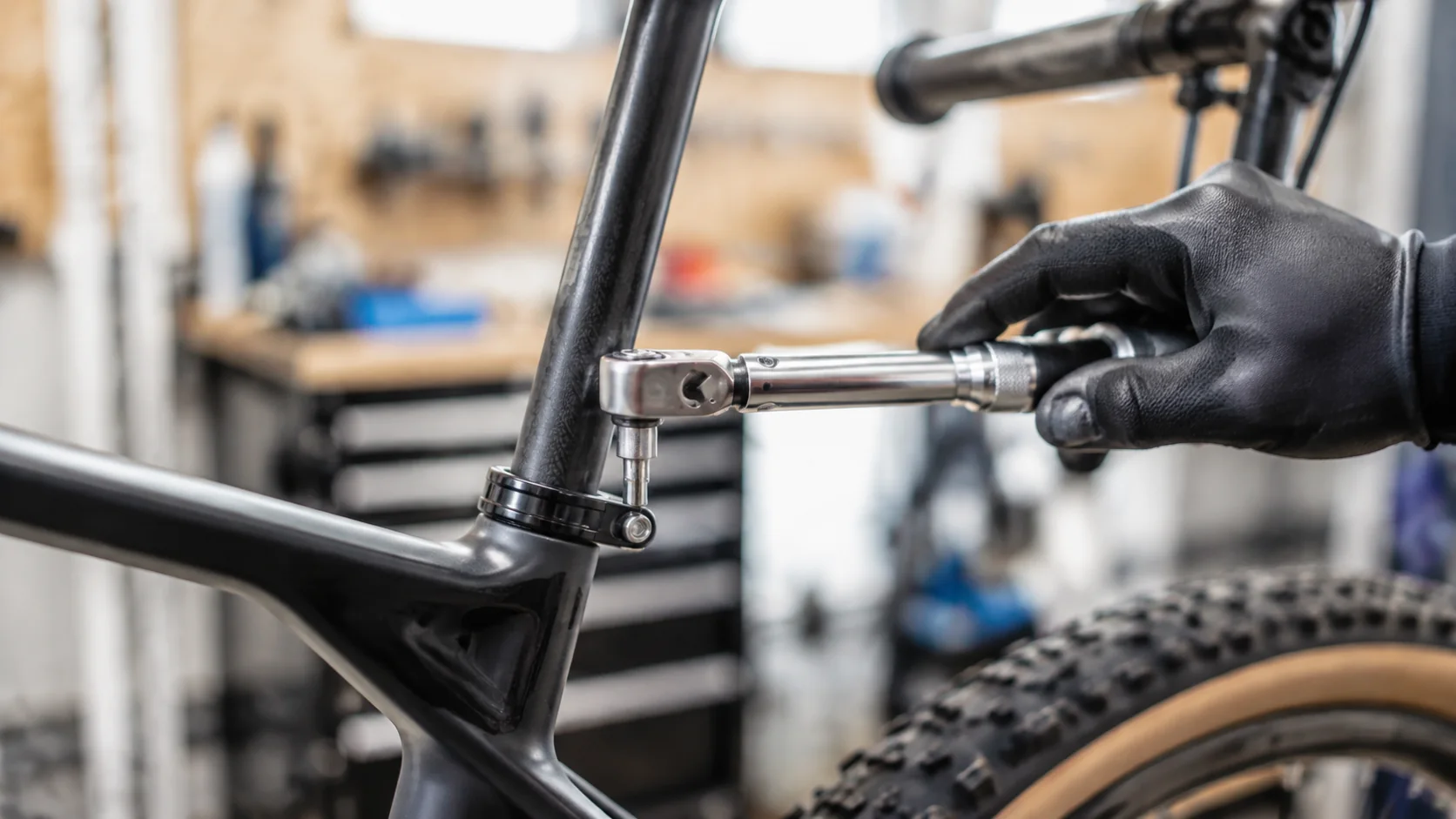 Clé dynamométrique utilisée sur une vis de collier de selle VTT XC