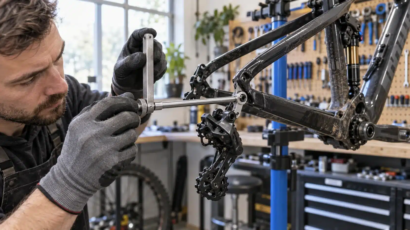 Contrôle de l'alignement d'une patte de dérailleur sur un VTT XC avec un outil d'alignement