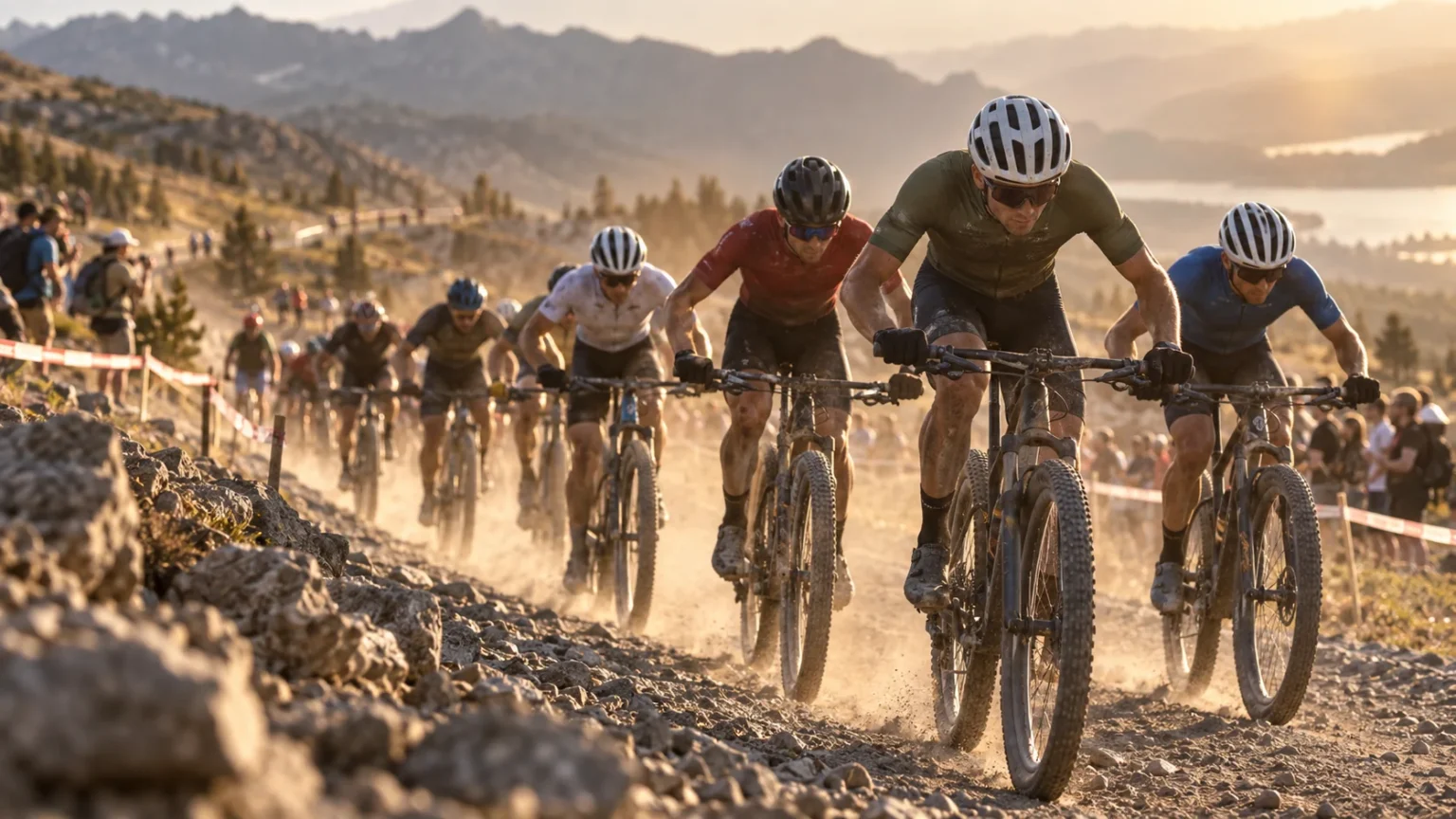 Peloton de VTT cross-country dans une montée poussiéreuse bordée de balisage lors d'une manche de Coupe du monde