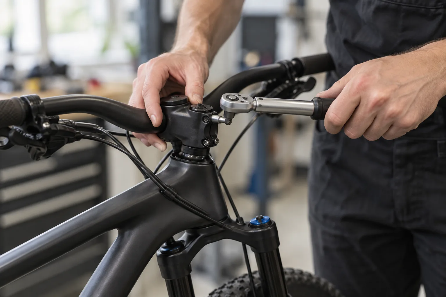 Contrôle du couple de serrage des vis de potence sur un VTT XC avant réglage du jeu de direction