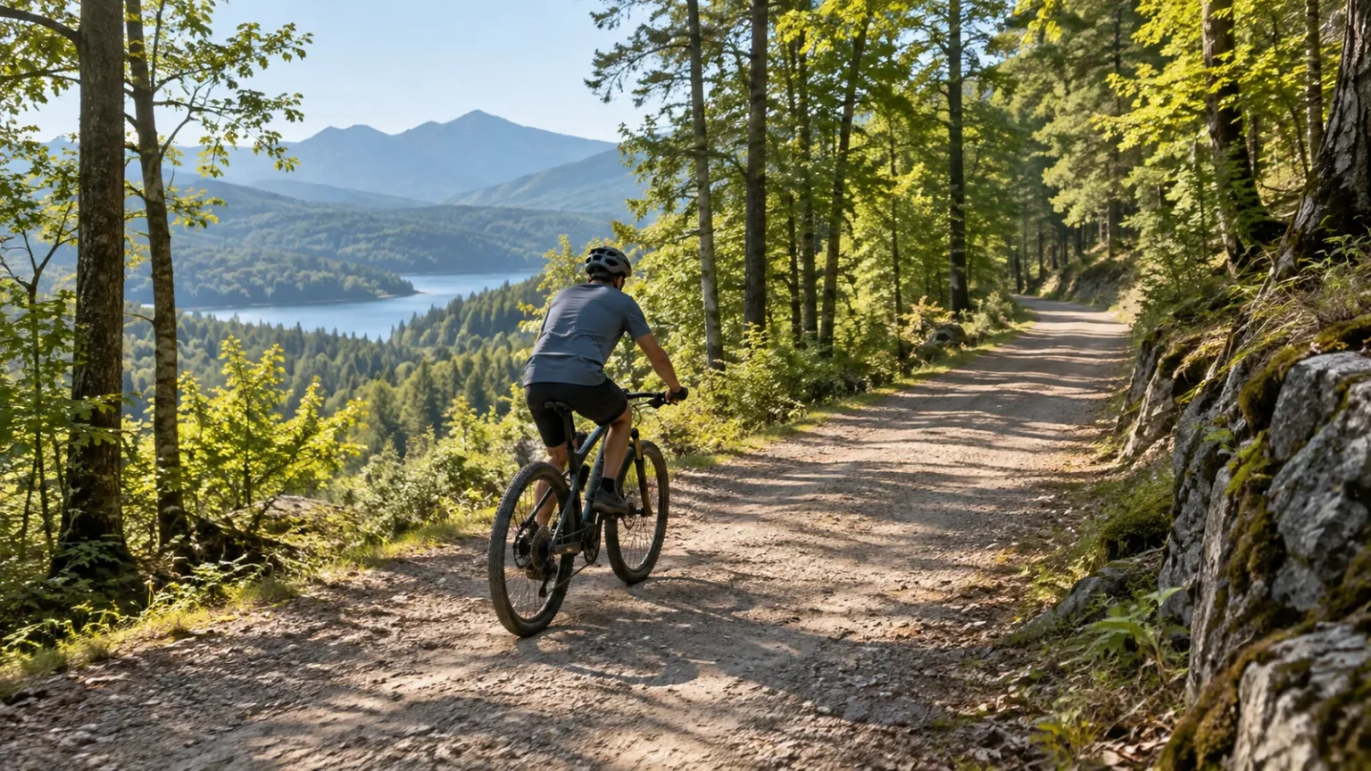 Vététiste débutant vu de trois quarts arrière sur un VTT cross-country semi-rigide 29 pouces, casque léger, roulant sur un large chemin forestier en légère pente au petit matin
