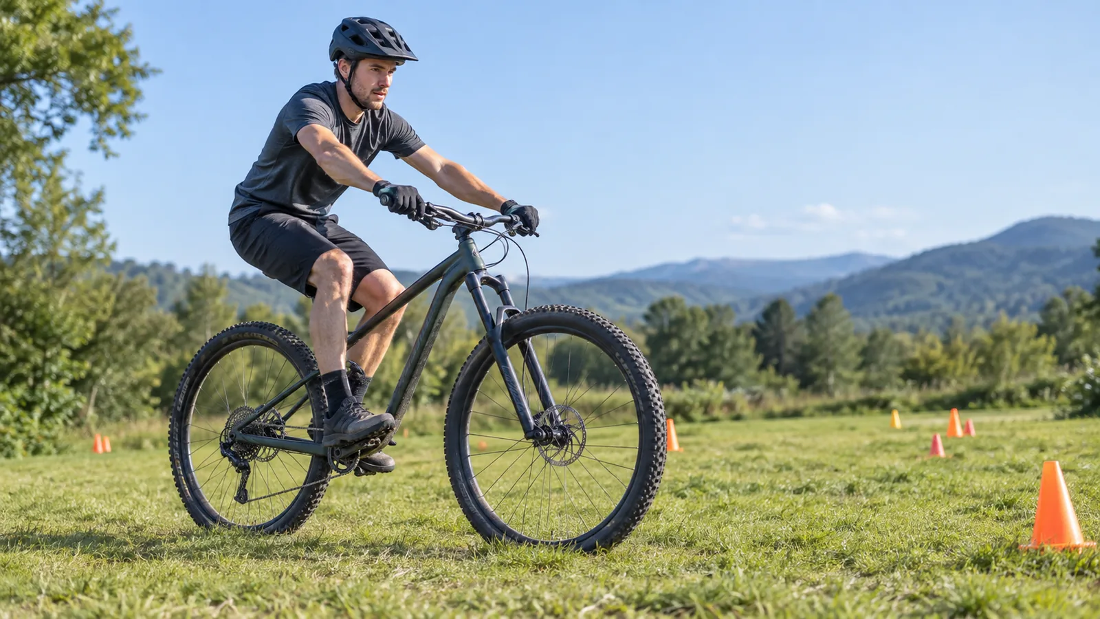 Vététiste débutant travaillant la maniabilité de son VTT cross-country sur un terrain herbeux plat, poids du corps vers l'arrière