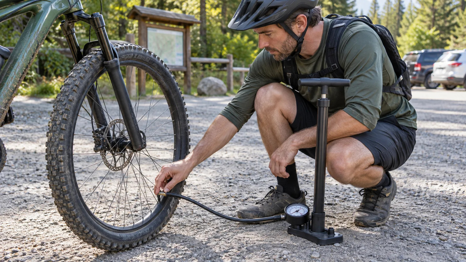 Vététiste accroupi contrôlant la pression d'un pneu de VTT cross-country avec une pompe à pied à manomètre au départ d'un chemin forestier