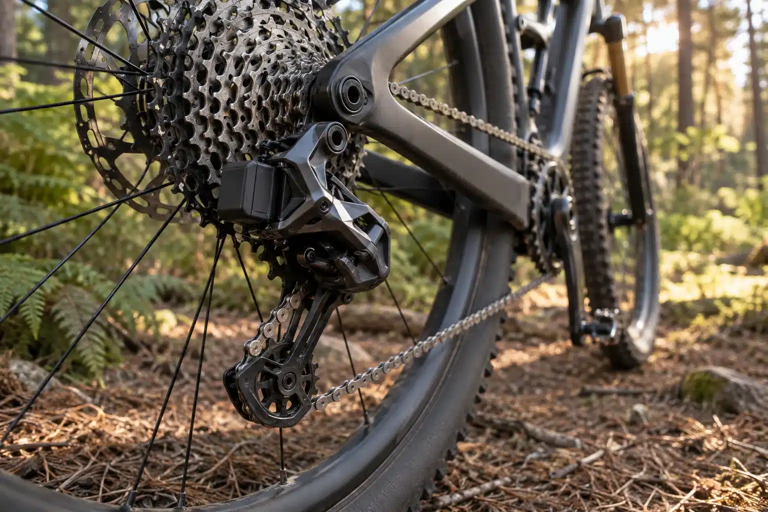 Dérailleur arrière sans fil d'un VTT cross-country arrêté sur un sentier forestier, batterie clipsée visible