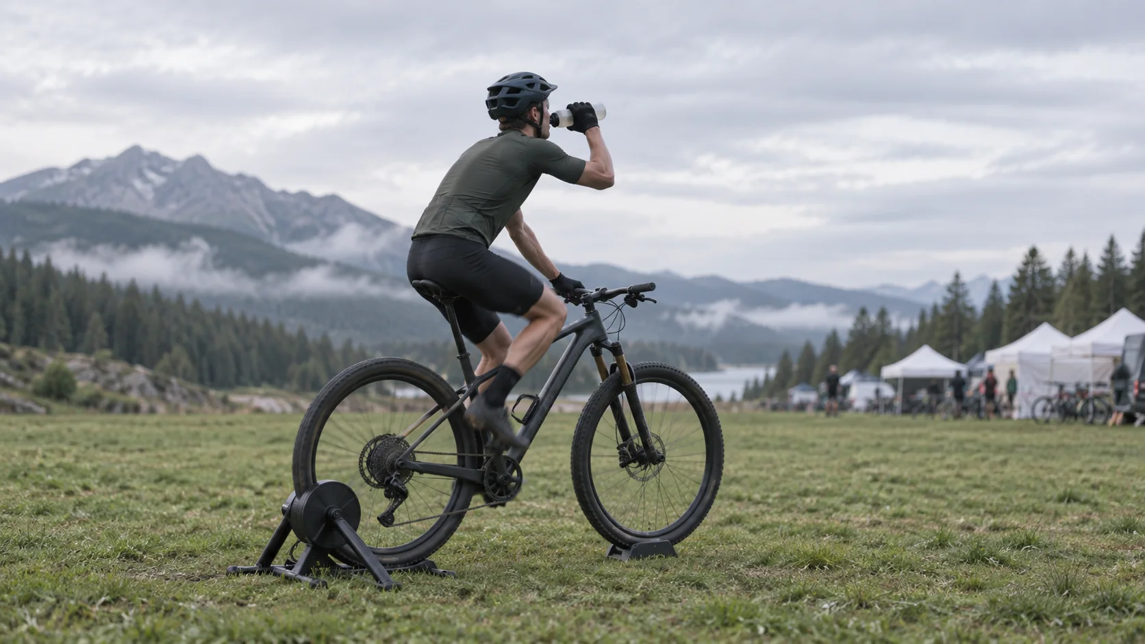 Pilote de VTT en tenue sobre s'échauffant sur home trainer dans une prairie avant une course, une gourde à la main