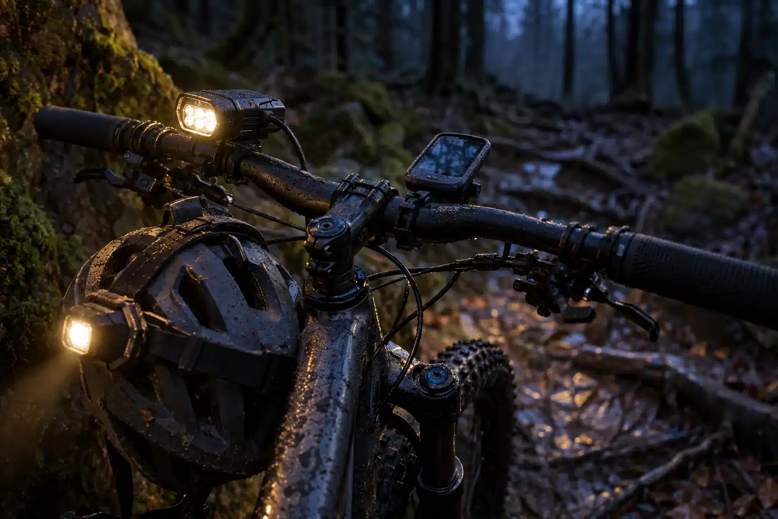 Phare LED fixé sur le cintre d'un VTT cross-country et lampe clipsée sur le casque