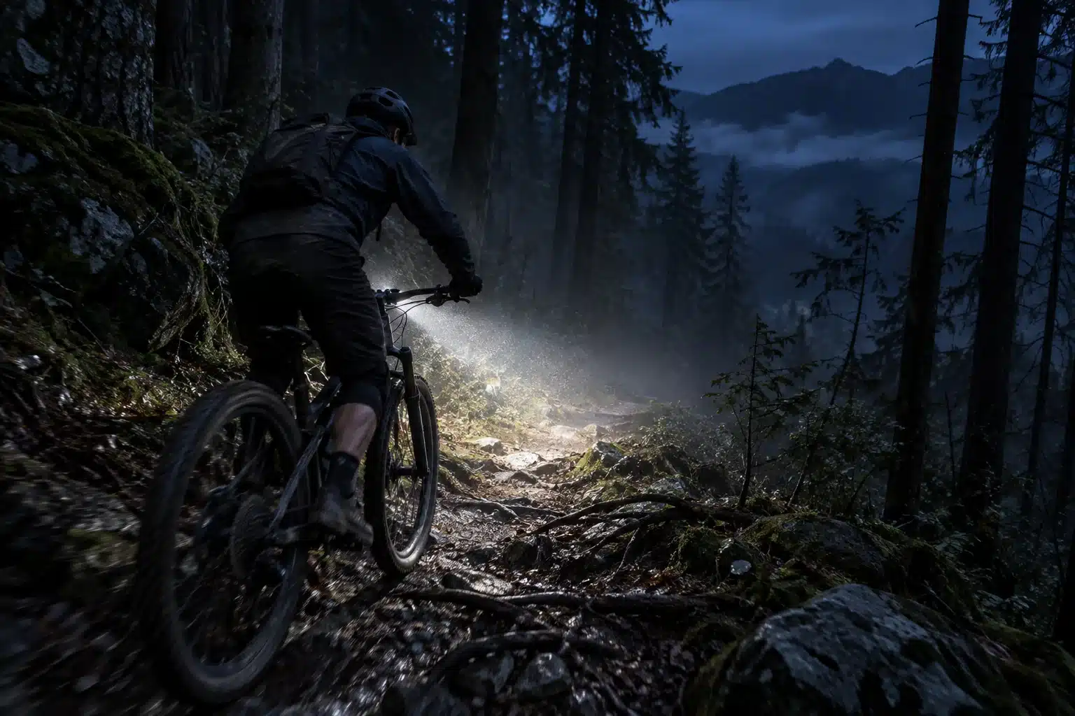 Pilote de VTT XC de nuit sur un sentier forestier éclairé par son phare de guidon