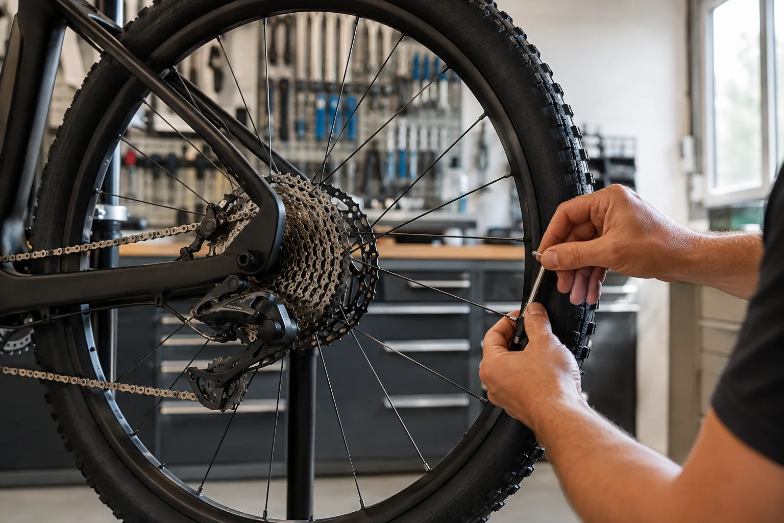 Écrou de rayon et rayons sur une roue de VTT XC